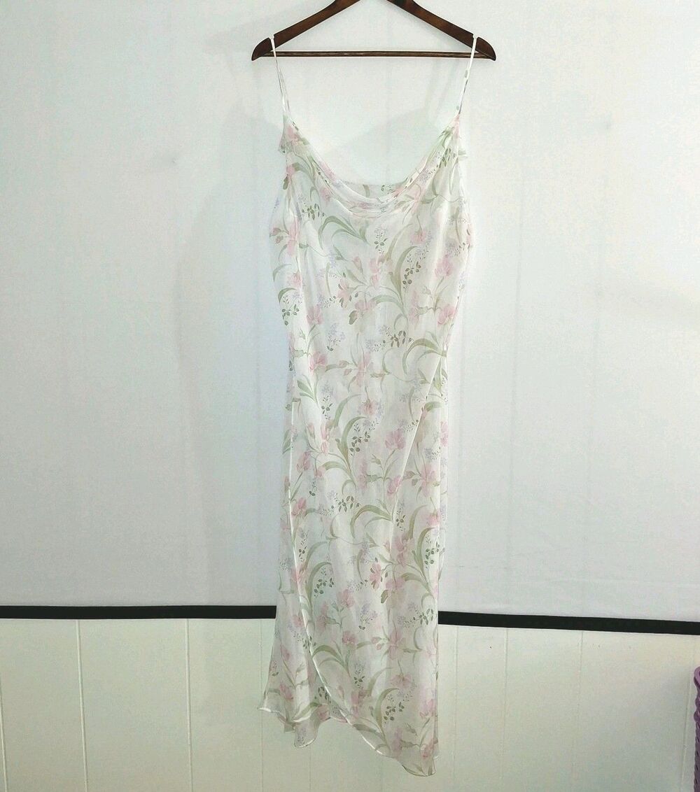 Delicates Sz XL Sheer White Floral Slip Dress High Slits Bias Cut Cowl Wedding